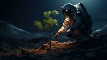 AI generated An astronaut plants a tree on moon. Science fiction, Space exploration photo