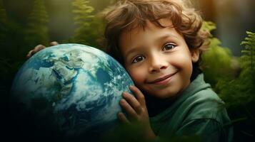 AI generated Happy Kid Hugging Planet Earth. Boy Embracing Globe Earth for World Protection, Earth Day, World Environment Day, Save th World. Zero Carbon Dioxide Emissions photo