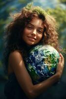 AI generated Happy Woman Hugging Planet Earth. Female Embracing Globe Earth for World Protection, Earth Day, World Environment Day, Save th World. Zero Carbon Dioxide Emissions photo