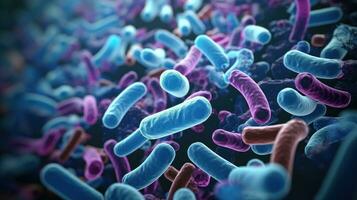 ai generado cerca arriba de microscópico bacterias ilustración. científico, intestino bacterias, bacterias en digestivo sistema foto