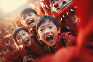 ai generado contento asiático niños celebrando chino nuevo año al aire libre foto