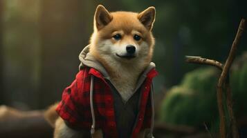 AI generated Dog wearing a red lumberjack shirt on green nature background photo