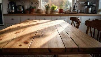 AI generated Empty wooden table in the kitchen for montage product display, showcase, presentation and design photo