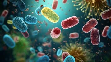 AI generated Close up of microscopic bacteria illustration. Scientific, Gut bacteria, Bacteria in digestive system photo