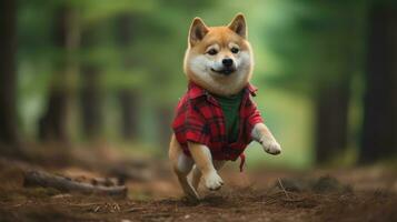 AI generated Dog wearing a red lumberjack shirt on green nature background photo