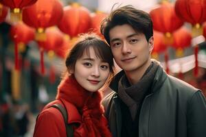 AI generated Happy Asian Couple Celebrating Chinese New Year Outdoors photo