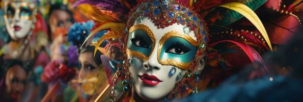 AI generated Woman celebrating carnival party. Female with carnival mask in costume, Carnival festival photo