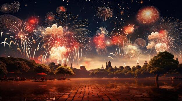 AI generated Wonderful colorful fireworks exploding on night sky backgroundwith free space for design, Happy new year or holiday celebration photo
