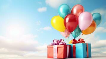 AI generated Gift box with colorful balloons on cloudy sky backgroud. Birthday anniversary, Party celebration photo