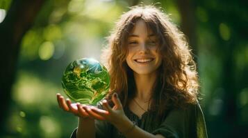 AI generated Happy Girl Hugging Planet Earth. Kid Embracing Globe Earth for World Protection, Earth Day, World Environment Day, Save th World. Zero Carbon Dioxide Emissions photo