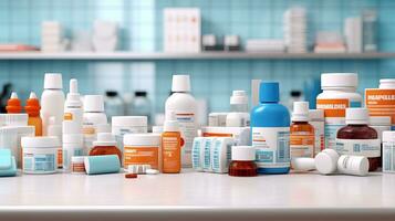 AI generated Pharmacy drugstore retail. Healthcare products, Medicine, Drugs, Vitamins, Wellness photo