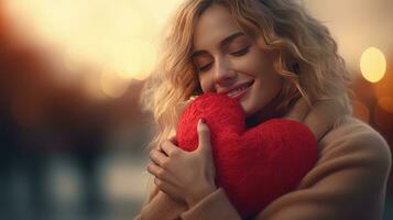 AI generated Happy Woman Hugging Red Heart. Female Embracing Heart for Valentines Celebration, In Love, Happy Valentine's Day photo