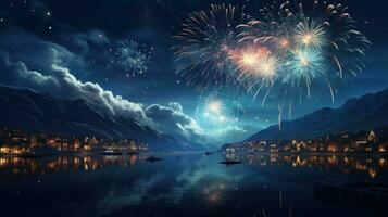 AI generated Wonderful colorful fireworks exploding on night sky backgroundwith free space for design, Happy new year or holiday celebration photo
