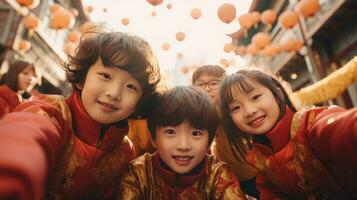 ai generado contento asiático niños celebrando chino nuevo año al aire libre foto