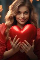 AI generated Happy Woman Hugging Red Heart. Female Embracing Heart for Valentines Celebration, In Love, Happy Valentine's Day photo