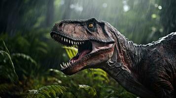 ai generado tiranosaurio rex en el verde prehistórico selva bosque. tirano saurio Rex el caza dinosaurios es un grande carnívoro dinosaurio ese vivido en el tarde cretáceo período foto