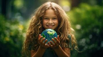 AI generated Happy Girl Hugging Planet Earth. Kid Embracing Globe Earth for World Protection, Earth Day, World Environment Day, Save th World. Zero Carbon Dioxide Emissions photo