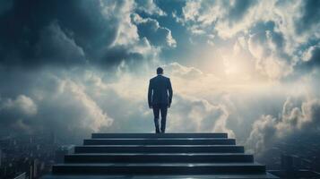 AI generated Businessman standing on top of stair cloudy sky background. Business goal and success concept, achievement, leadership photo