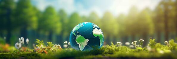 AI generated Eco Friendly Earth on Green Nature Bokeh Background. Planet Globe Earth for Nature Protection, Earth Day, World Environment Day, Save th World. Zero Carbon Dioxide Emissions photo