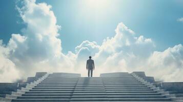 AI generated Businessman standing on top of stair cloudy sky background. Business goal and success concept, achievement, leadership photo