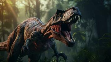 ai generado tiranosaurio rex en el verde prehistórico selva bosque. tirano saurio Rex el caza dinosaurios es un grande carnívoro dinosaurio ese vivido en el tarde cretáceo período foto