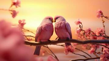 ai generado Pareja de pájaro en romántico san valentin antecedentes. San Valentín día saludo tarjeta, en amor foto