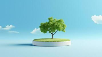 AI generated Tree growth on podium and standing on blue background. advertising design photo