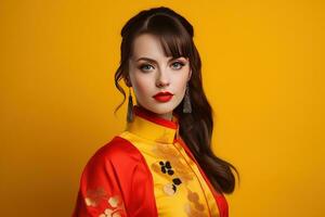 AI generated Happy young asian woman wear traditional chinese costume on studio background, Happy chinese new year photo