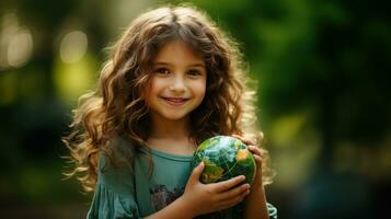 AI generated Happy Girl Hugging Planet Earth. Kid Embracing Globe Earth for World Protection, Earth Day, World Environment Day, Save th World. Zero Carbon Dioxide Emissions photo