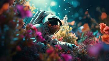 AI generated An astronaut exploring and researching a variety of plants on other planet. Science fiction, Space photo