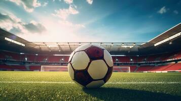 AI generated Ball on green grass in soccer stadium, Football banner illustration. Soccer field photo