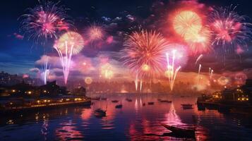 ai generado maravilloso vistoso fuegos artificiales explotando en noche cielo fondocon gratis espacio para diseño, contento nuevo año o fiesta celebracion foto