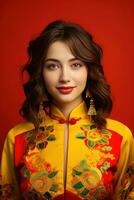 AI generated Studio portrait of happy young european woman wear traditional chinese costume on red background. Happy chinese new year photo