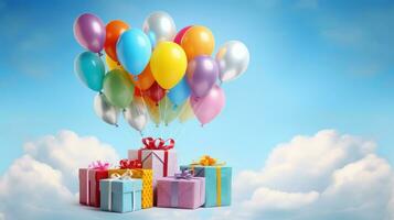 AI generated Gift box with colorful balloons on cloudy sky backgroud. Birthday anniversary, Party celebration photo