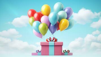 AI generated Gift box with colorful balloons on cloudy sky backgroud. Birthday anniversary, Party celebration photo