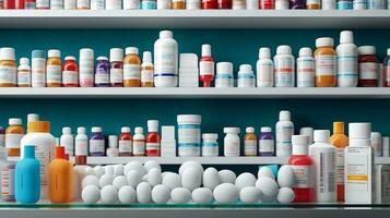 AI generated Pharmacy drugstore retail. Healthcare products, Medicine, Drugs, Vitamins, Wellness photo