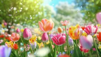 AI generated Beautiful tulip field aesthetic scenery background. Blooming Tulip garnden, Colorful flowers, Spring time photo