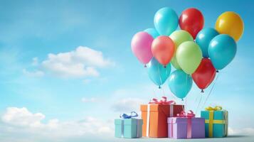 AI generated Gift box with colorful balloons on cloudy sky backgroud. Birthday anniversary, Party celebration photo