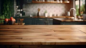 AI generated Empty wooden table in the kitchen for montage product display, showcase, presentation and design photo