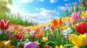 AI generated Beautiful tulip field aesthetic scenery background. Blooming Tulip garnden, Colorful flowers, Spring time photo