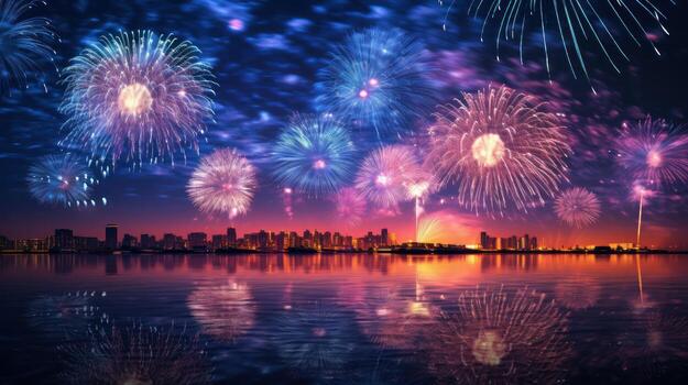 AI generated Wonderful colorful fireworks exploding on night sky backgroundwith free space for design, Happy new year or holiday celebration photo