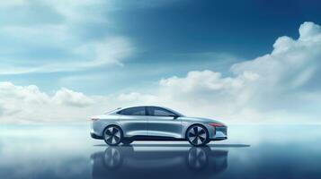 AI generated Electric vehicle car or EV car on cloudy blue sky background. Sustainable and renewable energy concept photo