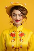 ai generado estudio retrato de contento joven europeo mujer vestir tradicional chino disfraz en amarillo antecedentes. contento chino nuevo año foto