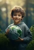 AI generated Happy Kid Hugging Planet Earth. Boy Embracing Globe Earth for World Protection, Earth Day, World Environment Day, Save th World. Zero Carbon Dioxide Emissions photo