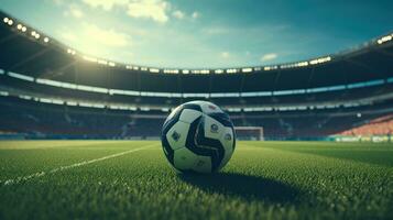 AI generated Ball on green grass in soccer stadium, Football banner illustration. Soccer field photo