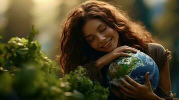 AI generated Happy Woman Hugging Planet Earth. Female Embracing Globe Earth for World Protection, Earth Day, World Environment Day, Save th World. Zero Carbon Dioxide Emissions photo