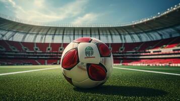 AI generated Ball on green grass in soccer stadium, Football banner illustration. Soccer field photo