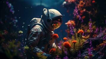 AI generated An astronaut exploring and researching a variety of plants on other planet. Science fiction, Space photo