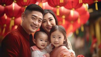 ai generado contento asiático familia celebrando chino nuevo año al aire libre foto