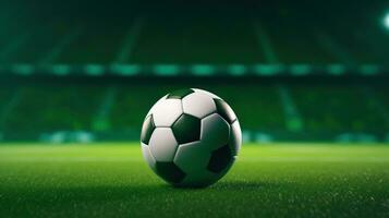 AI generated Ball on green grass in soccer stadium, Football banner illustration. Soccer field photo